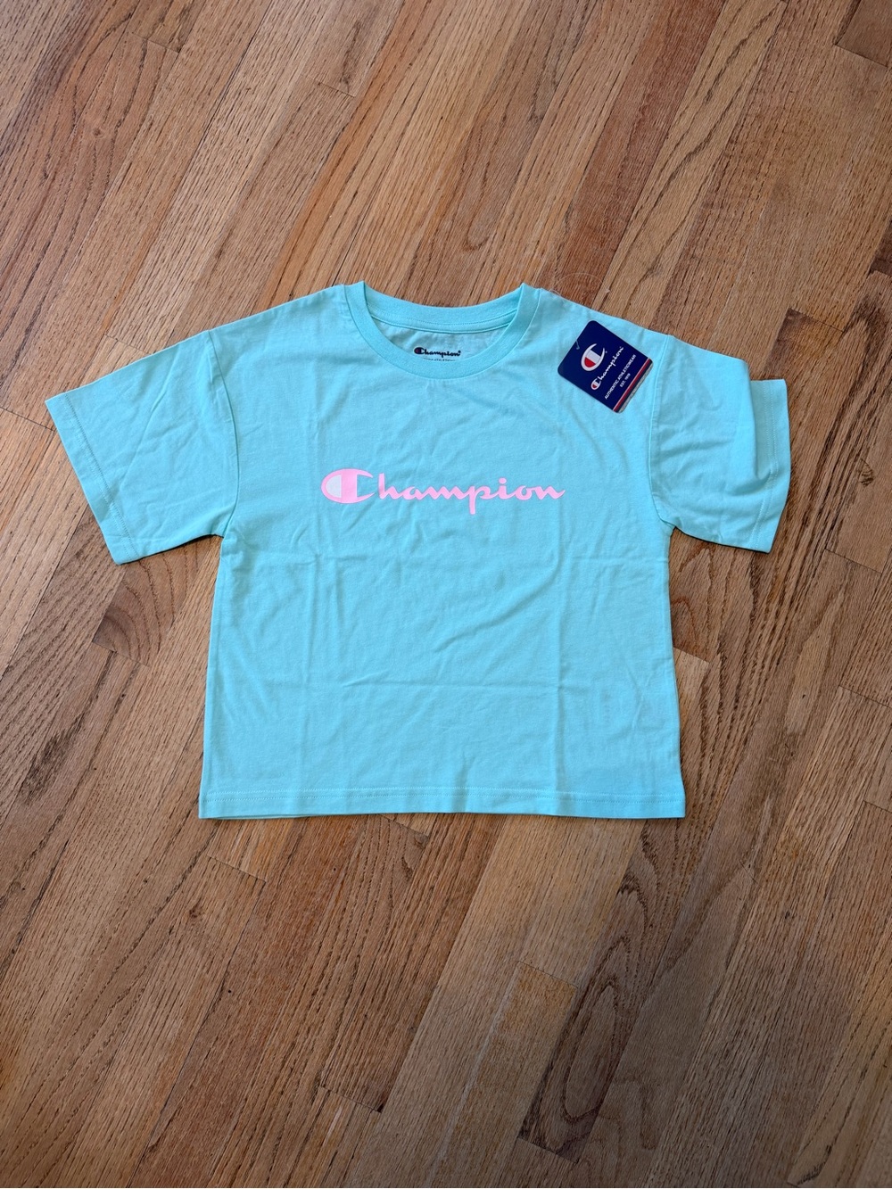 Champion Kids Aruba Blue Cropped T-Shirt with Pink Logo